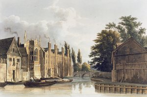 St. Johns College, Cambridge fra Fishers Lane, tallerken fra A History of Cambridge af R. Ackermann, 1815 af English School